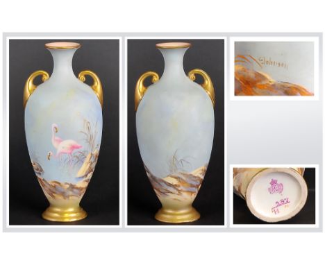 Royal Worcester Small Ovoid Vase, hand painted and signed G. Johnson, with a pair of flamingos amongst reeds at the water's e