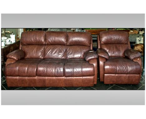 Contemporary Brown Leather Three Piece Sofa and Single Chair.