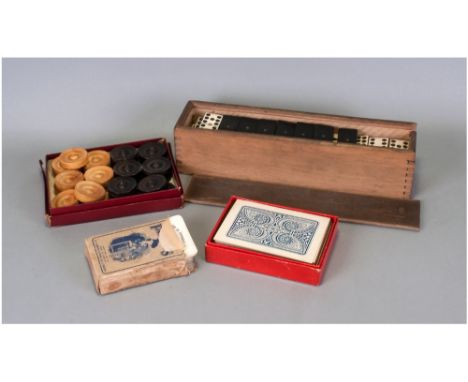 Mixed Lot Comprising Dominoes, Boxwood & Ebony Draughtsmen J.W.S & S & Playing Cards 
