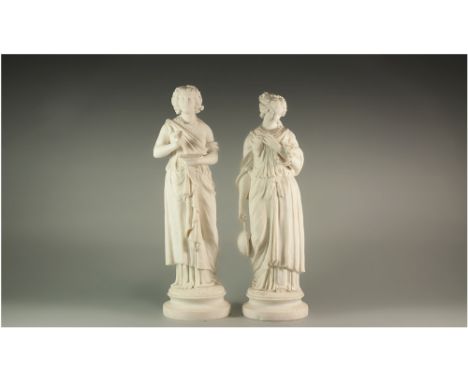 Pair of Parian Figures 'Muses of Art and Music', both dressed in Greco-Roman style, one looking pensive, carrying a lute and 