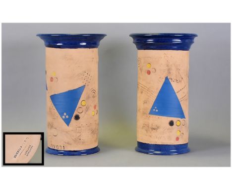 Bentham Pottery Studio Art Pair of Pottery Vases by Lee Cartledge. Marked to Base. Blue and Cream Colour way. Each 10.75 Inch