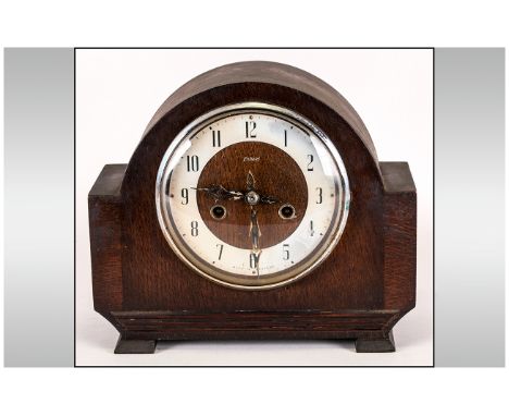 Enfield Wooden Cased Mantle Clock c1930's . Arabic Numerals and silvered dial.