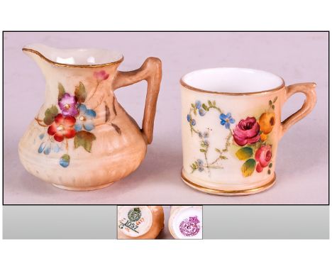 Two Miniature Blush Ivory Decorated Royal Worcester Cabinet Pieces comprising one of a canister mg and one of a jug.