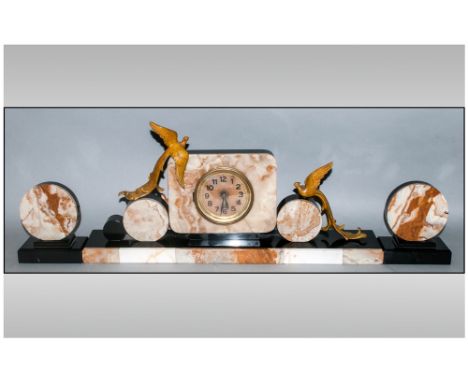 Art Deco 3 Tone Marble Garniture Clock Set Circa 1930's. Clock 23.5'' in width, 8.75'' in height, 