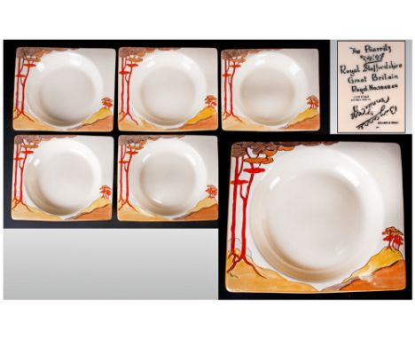 Clarice Cliff Art Deco Hand Painted Set Of Six Bizarritz Shaped Dessert Bowls 'Coral Firs' Pattern. Circa 1934, 7.75x8.75''. 