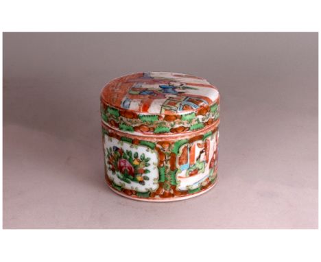 Canton Lidded Round Trinket Box decorated in the Famille Rose palette with courtly figures in an interior setting. 4 inches h