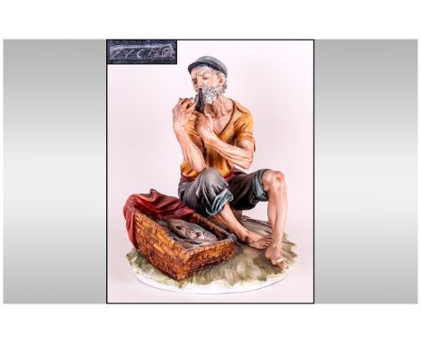 Capodimonte Figure Fisherman Smoking A Pipe. 10.5'' in height. Marked For Tyche Tosca 