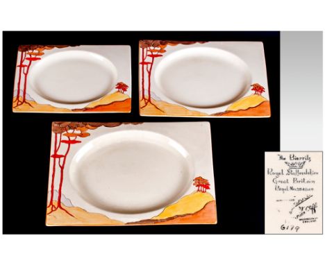 Clarice Cliff Art Deco Hand Painted Trio Of Bizarritz Graduating Platters, 'Coral Firs' pattern. Circa 1934. Very large 16x11