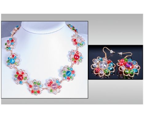 Butler & Wilson Style Multicolour Floral Necklace and Earrings, artisan made gilt wirework 'flowers' threaded with teal blue,
