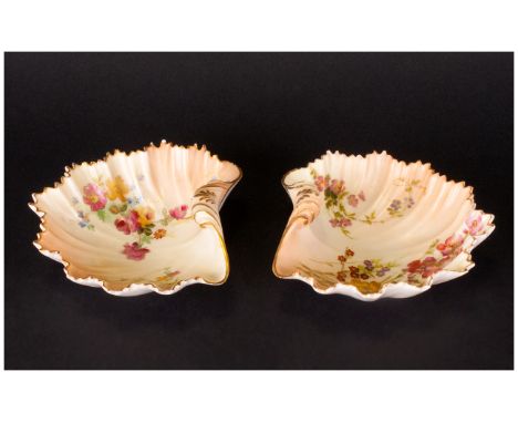 Royal Worcester Fine Pair Of Blush Ivory Shell Dishes.  Spring Flowers Date 1902. 