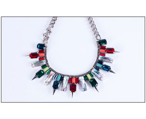 Multicolour Large Crystal Cleopatra Necklace, the bib front comprising claw set large and smaller baguette crystals interspac