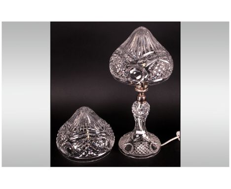 A Small Cut Crystal Table Lamp with extra cut crystal shade. Stands 13 inches high.