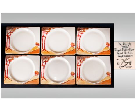 Clarice Cliff Art Deco Hand Painted Set Of Six Bizarritz Shaped Plates 'Coral Firs' Pattern. Circa 1934, 7.5x9''. All pieces 