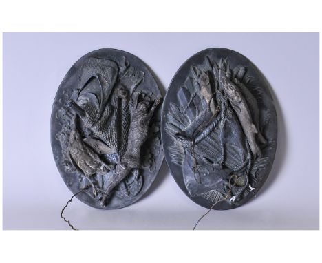 Hunting/Fishing Interest Two Victorian Base Metal Wall Pockets/ Plaques, Of Raised Oval Form With Applied Game, Fish And Rabb