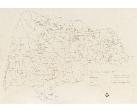 FERNIE COUNTRY: A HUNTING MAP DRAWN IN INK  indistinctly signed with initials with a paw mark and dated 1975, 49cm x 71cm