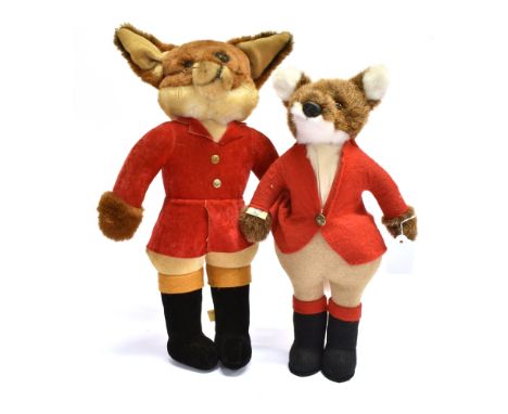 A MERRYTHOUGHT SOFT TOY FOX  wearing a red hunt coat and black hunting boots, height 45cm; and a similar smaller Fox Renard s