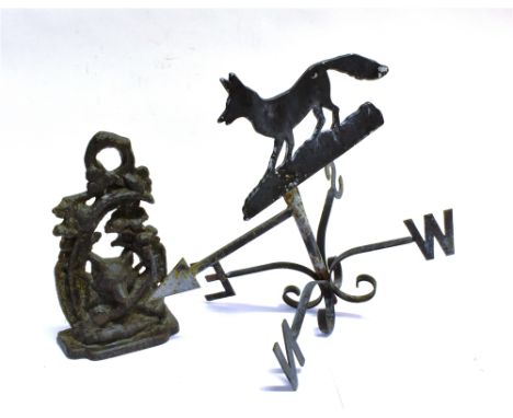 A CAST DOOR STOP  centred with a fox mark, 29cm high, and a weather vane with running fox silhouette, 38cm high (2)