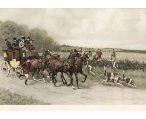 AFTER G.D. ROWLANDSON The hunting field crossing in front of a coach and horses, colour print, signed in pencil on the mount,