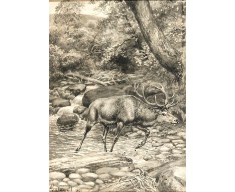 N. VALDWELL Stag Hunting, two monochrome watercolours, signed and dated 1901, 25.5 x 18cm and 18 x 25.5cm (2)