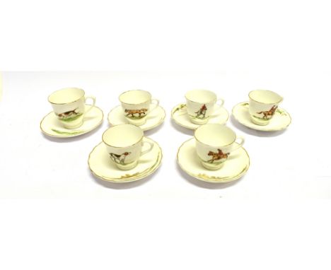 SIX TUSCAN HUNTING-PATTERN BONE CHINA CUPS &amp; SAUCERS 