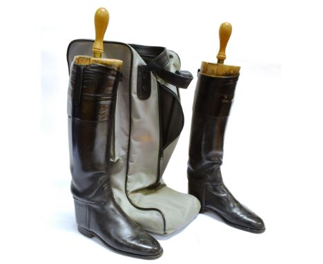 A PAIR OF BLACK LEATHER TOP HUNTING BOOTS complete with trees by 'Maxwell, London' approx. Size 6, with boot bag