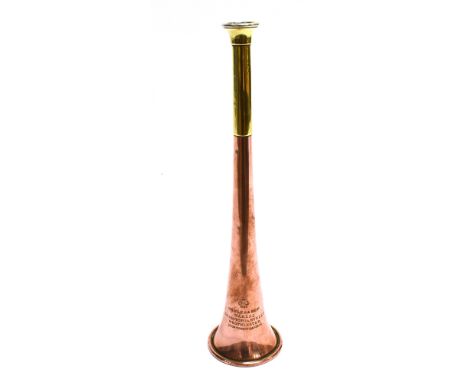 A COPPER AND BRASS HUNTING HORN by 'Kohler &amp; Son, 116 Victoria Street, Westminster' 23.5cm long