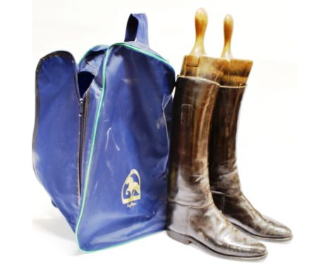 A PAIR OF BLACK LEATHER HUNTING BOOTS complete with trees by 'Rowell &amp; Searle' , Market Place, Melton Mowbray, approx siz