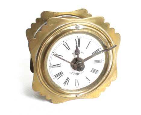 GFS Geschutzt antique German alarm clock. In a brass case, white enamel dial, painted Roman numerals. H8cm