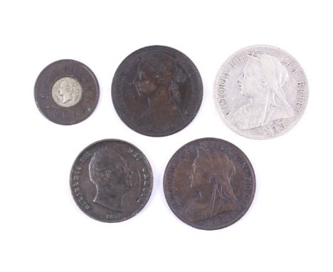 Five 19th century coins. Comprising a 1896 half crown, Victorian model penny, two pennies 1891 and 1900 and 1831 half penny.