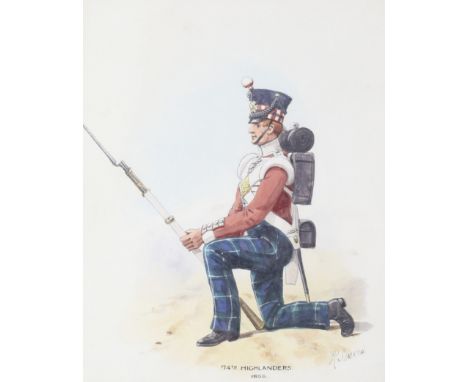 Richard Simkin (1840-1926) Military School, watercolour, '74th Highlanders 1852'. Depicting a Scottish Regimental soldier sho