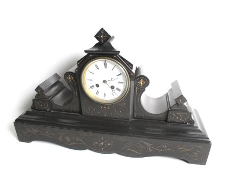 A 19th century black marble mantel clock. Eight day movement striking to a bell. White enamel dial, Roman numerals. Engraved 