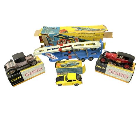 A collection of die-cast Corgi vehicles, to include: - 1138 Car Transporter - 345 MGB GT Competition Model - 9002 1927 Bentle
