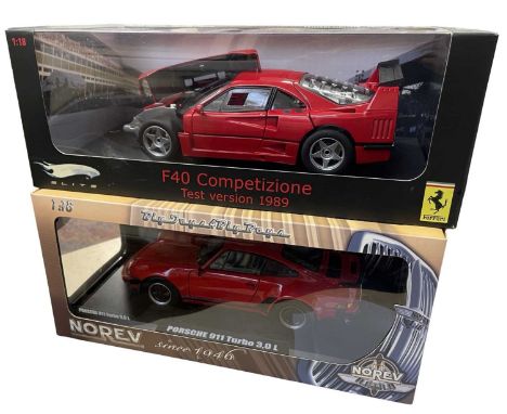 A pair of boxed 1:18 scale model cars, to include: - P40 Ferrari Competizione Test Version (1989) by Elite - Porsche 911 Turb