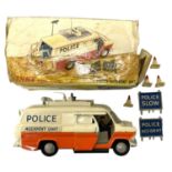 A boxed Dinky Police Accident Unit, with original police signs and traffic cones (box in