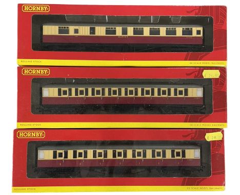 Three boxed Hornby 00 gauge coaches, to include: - R4181 BR 61ft 6in Buffet Car, E9133E - R4180 BR 61ft 6in Corridor 3rd Clas
