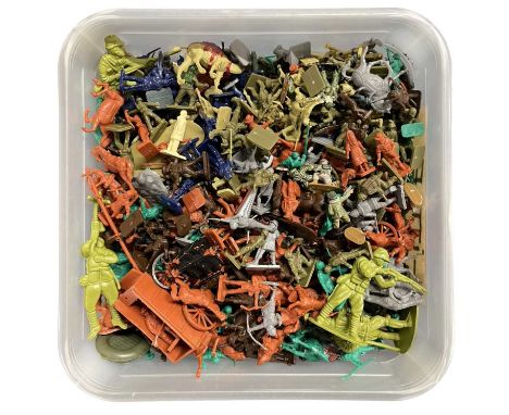 A box of various plastic army soldiers and others