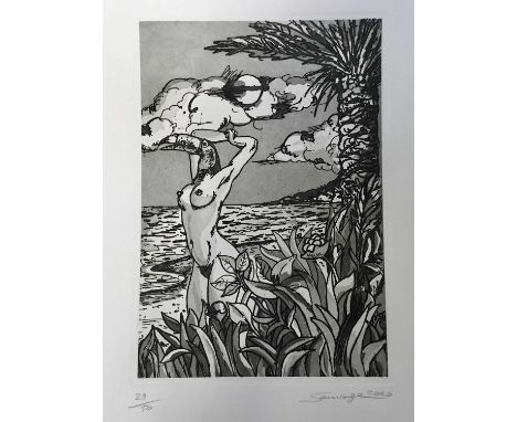 Max Sauvage, contemporary, signed limited edition etching, "La Baigneuse a Hyeres les Palmieres", 29/50, dated 2000, 50cm x 3