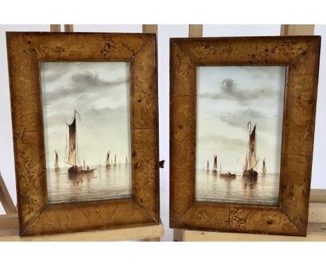 R. Cavallos, 20th century, pair of oils on board - shipping at anchor, signed, 19cm x 11cm, in maple veneered frames