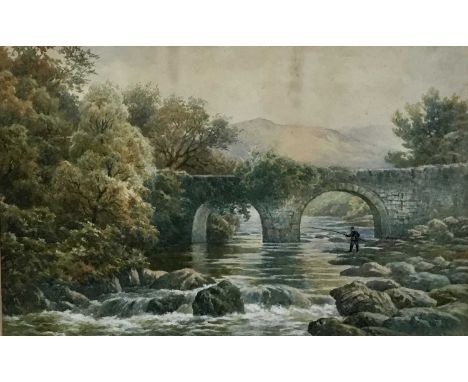 R. Harwood 19th century watercolour and another - fisherman in a pool by a bridge, 47cm x 30cm, signed lower right, together 