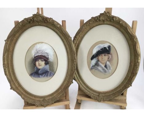 K Sherwood Mansbridge, pair of early 20th century oval watercolours depicting stylish ladies, signed, 22cm x 17cm, in glazed 