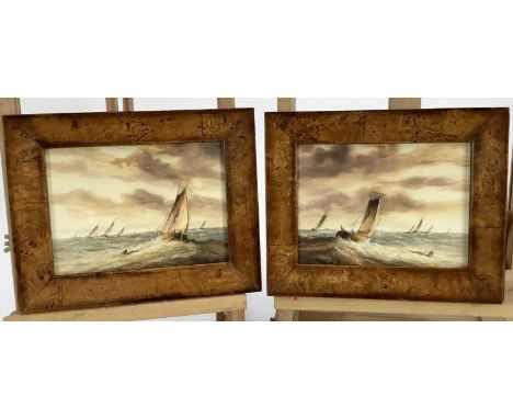 R. Cavallos, 20th century, pair of oils on board - shipping at sea, signed, 14cm x 19cm, in maple veneered frames