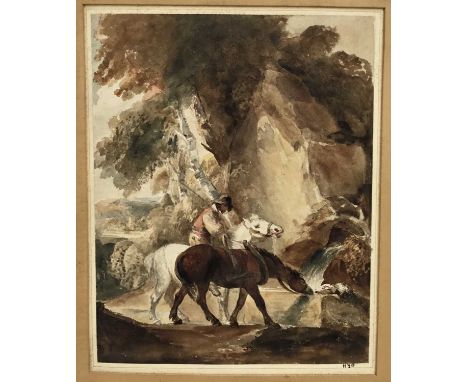Follower of Thomas Gainsborough watercolour - farmer watering horses, inscription verso dated 1843, image 28.5cm x 36cm, in o