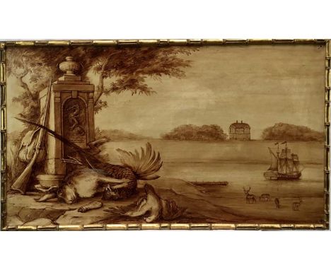 William Fielding, 20th century, sepia grisaille on board - An estuary view with hunting trophies, signed, 51cm x 89cm, in gil