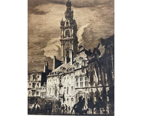 Continental school, early 20th century etching - figures before town buildings, indistinctly signed in pencil below, 45.5cm x