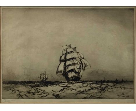 Frank Henry Mason (1876-1965) Signed black and white etching - The Edystone Lighthouse, 36cm x 60cm, in glazed frame