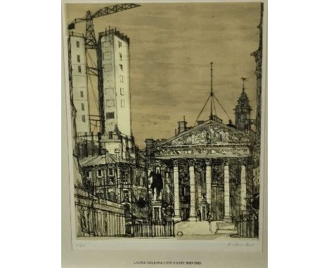 Richard Beer (1928 - 2017) coloured etching, The New Stock Exchange, signed, numbered 103/250, plate 43 x 33cm, glazed frame