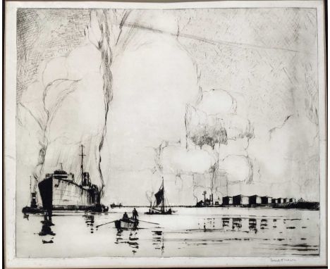 Frank Mason (1876-1965) signed black and white etching - shipping and other craft, 38cm x 45cm, mounted
