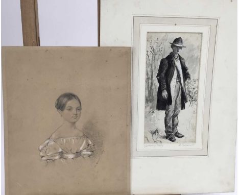 Randolph Caldecot monochrome sketch, 'Gathering Holly', 18cm x 9cm, together with a portrait of a young girl by A C Turnball,
