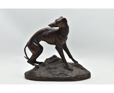 AFTER JEAN FRANCOIS THÉODORE GECHTER (FRENCH 1796-1844), a bronze model of a greyhound standing on an oval rocky base, signed