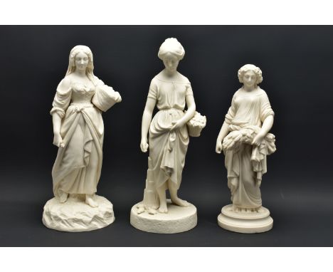 THREE 19TH CENTURY UNMARKED PARIAN FIGURES, comprising a Copeland standing figure of Virginia, height 39cm, a figure of a lad